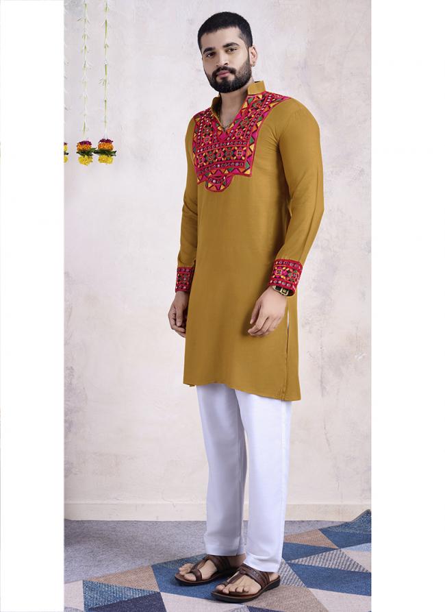 Rayon Yellow Navratri Wear Embroidery Work Readymade Kurta